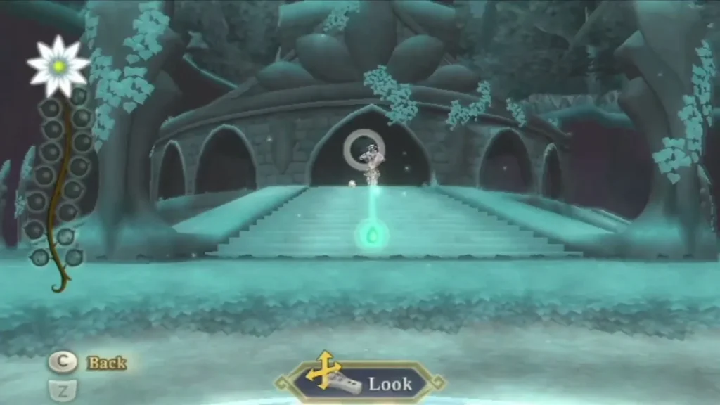 A glowing tear sits at the foot of the stone steps, with the Look prompt on screen.