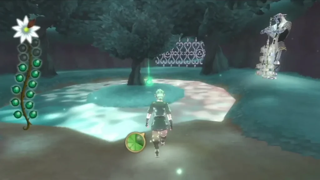Link runs past a checkered Waking Water ring and a green tear beam, with a Guardian standing nearby.