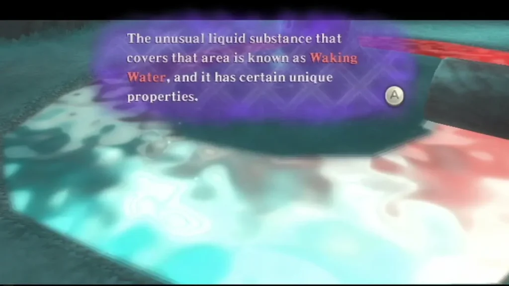Fi's box explains that the unusual liquid covering the area is Waking Water, with unique properties.