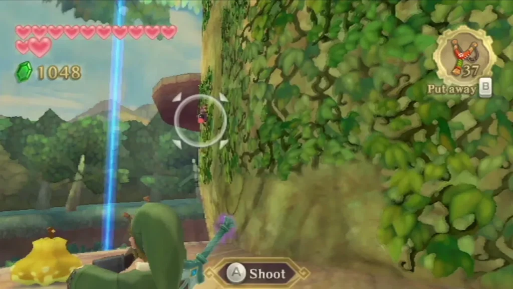 Link aims his slingshot at a small dark creature clinging to the bark of the Great Tree, beside a blue beam.