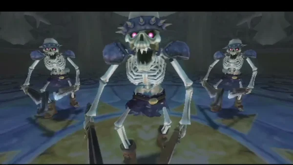 Three Stalfos stand in the temple arena, a large skeleton in the middle flanked by two others.