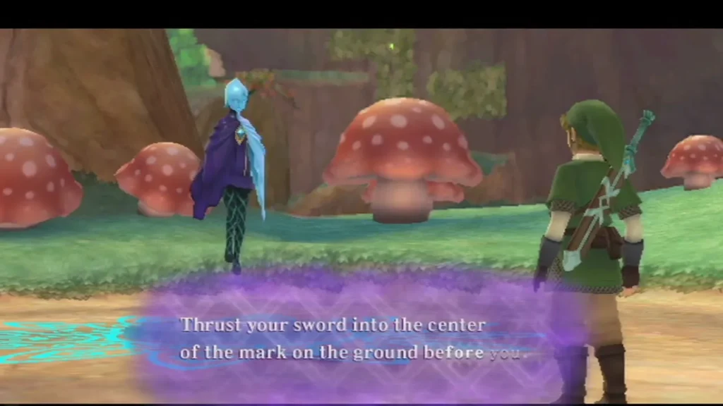 Fi tells Link to thrust his sword into the center of the mark on the ground before him.