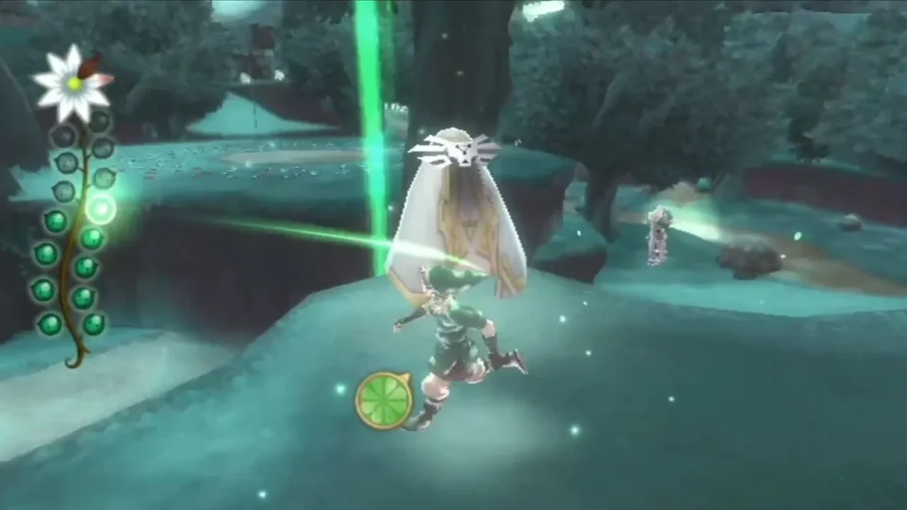 A robed Watcher's green beam slants across the path as Link runs past in Farore's Silent Realm