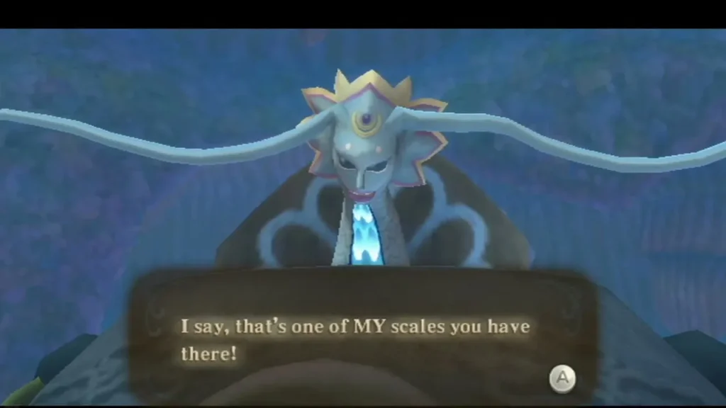 The Water Dragon Faron rests on her shell basin and says Link carries one of her scales.