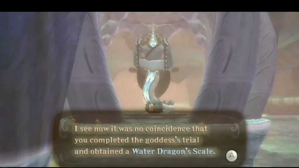 The Water Dragon at its basin, its box saying it was no coincidence Link obtained a Water Dragon's Scale.