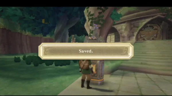 Link has saved at the bird statue by the Skyview Temple stairs, and a Saved message box is on screen. Link has saved at the bird statue by the Skyview Temple stairs, and a Saved message box is on screen.