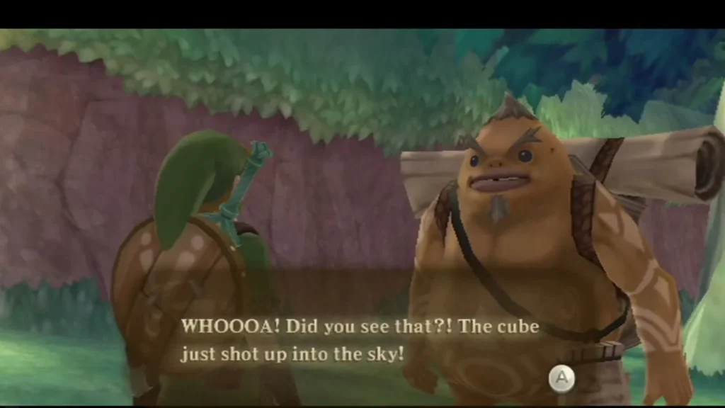 Gorko exclaims that the cube just shot up into the sky, as Link stands beside him. Gorko exclaims that the cube just shot up into the sky, as Link stands beside him.