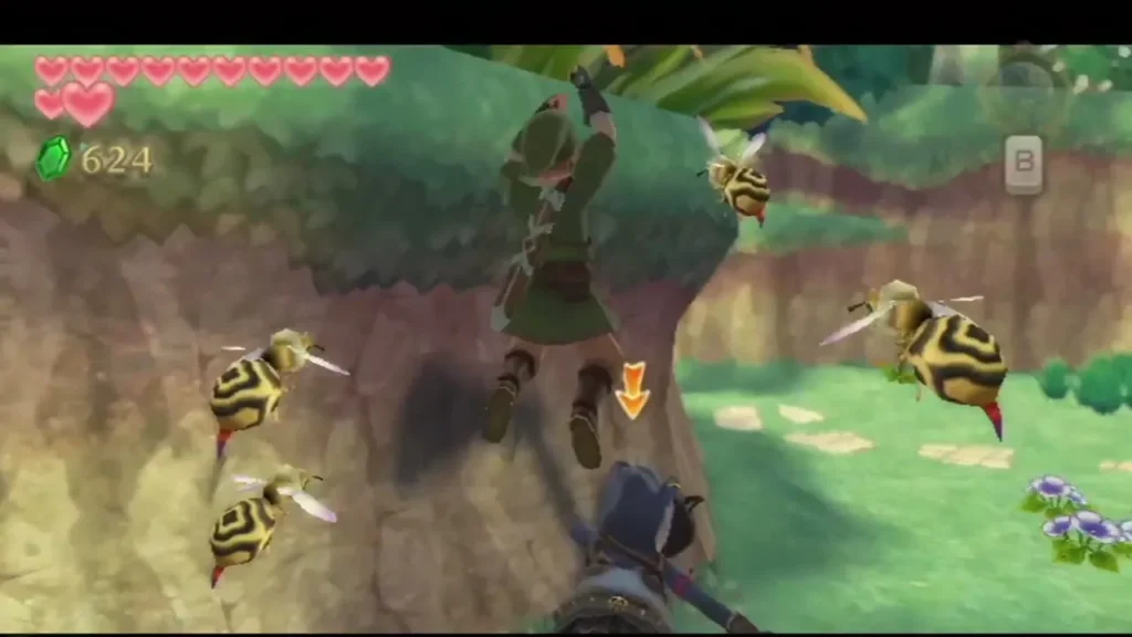Link hauls himself up a grassy ledge in the Deep Woods as Deku Hornets swarm around him. Link hauls himself up a grassy ledge in the Deep Woods as Deku Hornets swarm around him.