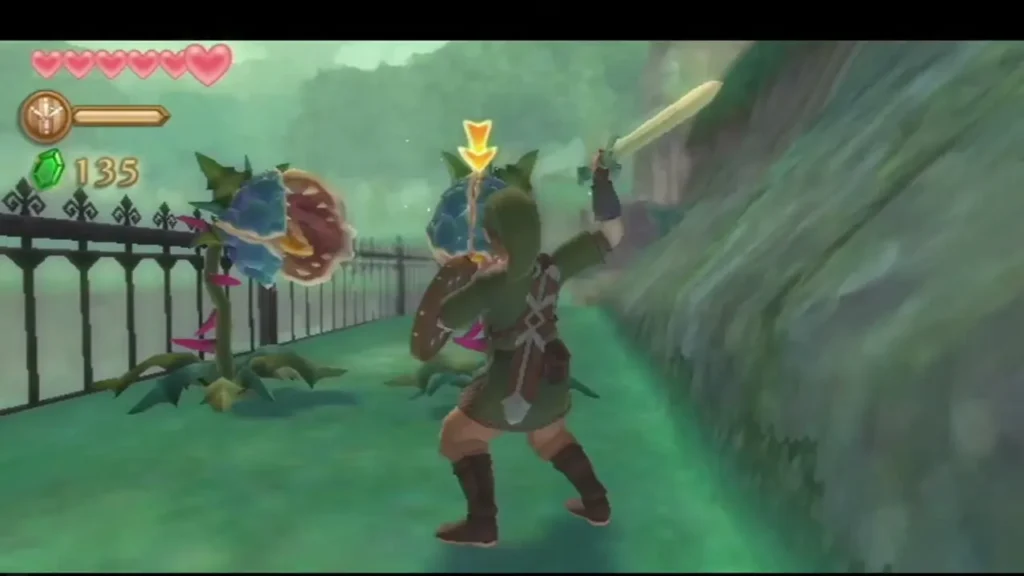 Link with his shield up, slashing at a Deku Baba plant beside the railing on the Sealed Grounds path Link with his shield up, slashing at a Deku Baba plant beside the railing on the Sealed Grounds path