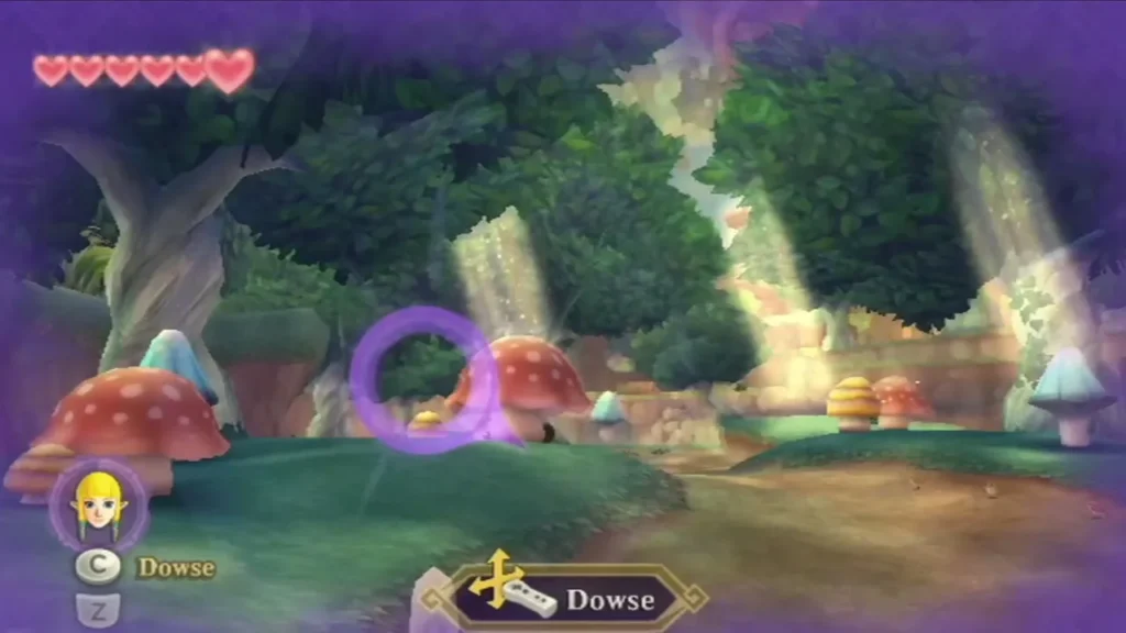 The purple dowsing ring glows over a glade of red mushrooms, marking the way toward Zelda. The purple dowsing ring glows over a glade of red mushrooms, marking the way toward Zelda.