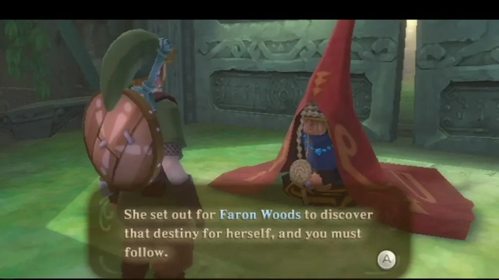 The red-robed elder under her canopy tells Link that Zelda set out for Faron Woods. The red-robed elder under her canopy tells Link that Zelda set out for Faron Woods.