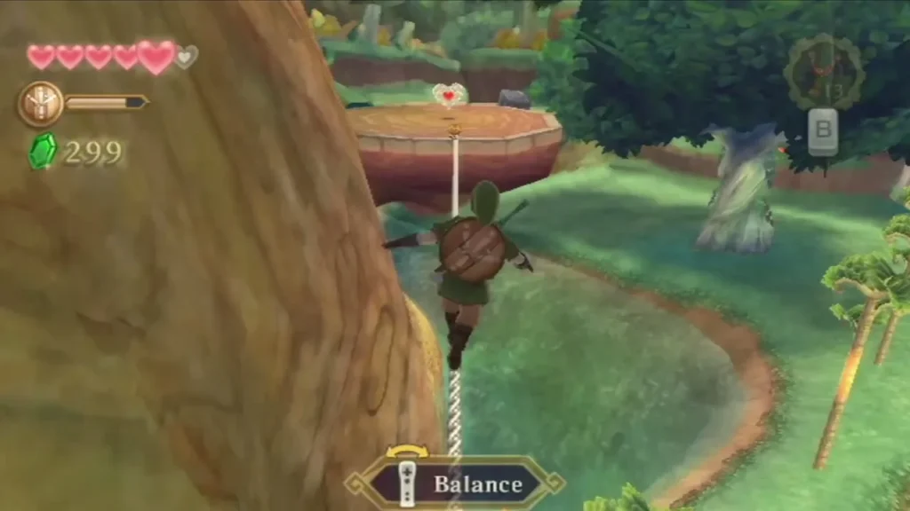 Link balances on a tightrope above the forest, with a wooden disc platform ahead on the far side Link balances on a tightrope above the forest, with a wooden disc platform ahead on the far side
