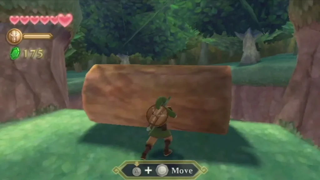Link pushes a big log on a rocky ledge in Faron Woods, with the Move prompt on screen. Link pushes a big log on a rocky ledge in Faron Woods, with the Move prompt on screen.