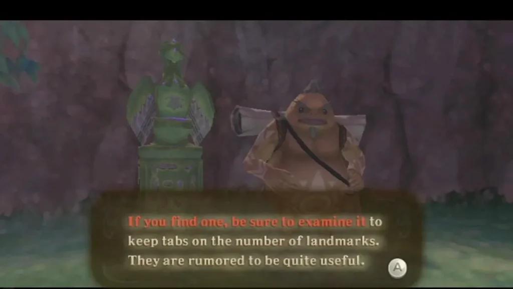 Gorko stands beside a green bird statue, asking Link to examine statues to track landmarks. Gorko stands beside a green bird statue, asking Link to examine statues to track landmarks.