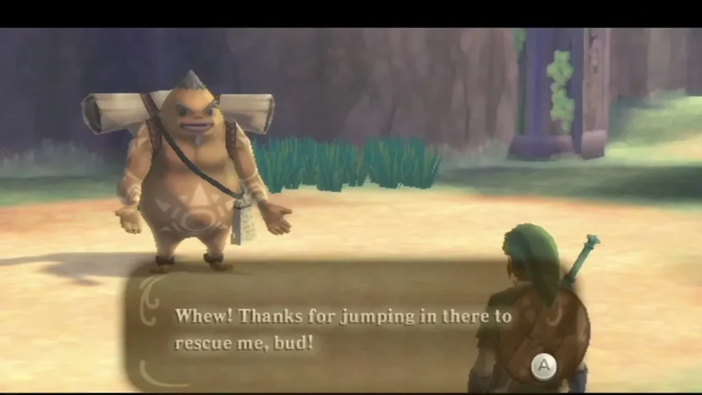 The Goron Gorko thanks Link for jumping in to rescue him from the Bokoblins. The Goron Gorko thanks Link for jumping in to rescue him from the Bokoblins.