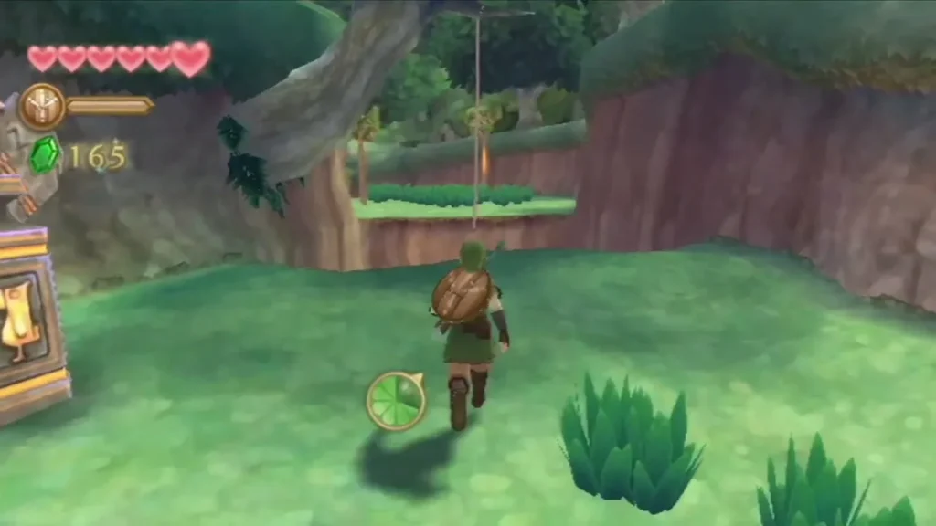 Link stands on grassy ground beneath a vine hanging over a gap in the woods. Link stands on grassy ground beneath a vine hanging over a gap in the woods.