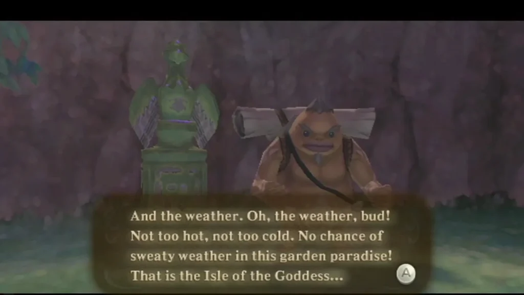 Gorko beside a green bird statue, talking about the Isle of the Goddess in the sky. Gorko beside a green bird statue, talking about the Isle of the Goddess in the sky.