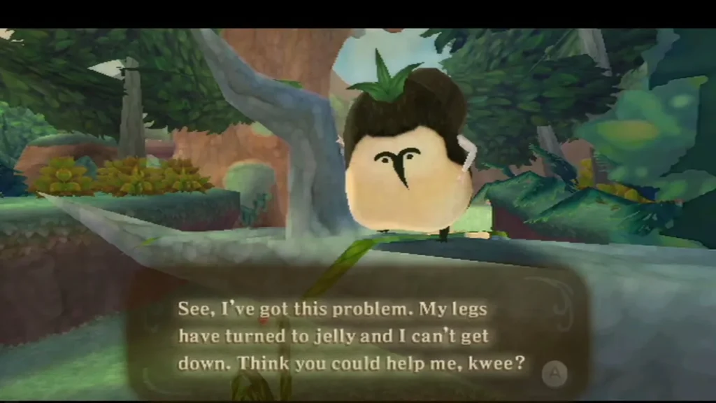 A Kikwi stuck up in a tree says its legs have turned to jelly and asks Link for help getting down. A Kikwi stuck up in a tree says its legs have turned to jelly and asks Link for help getting down.