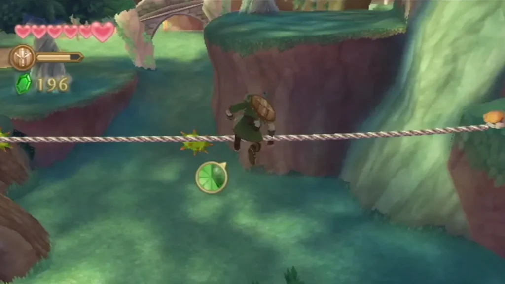 Link walks along a tightrope strung across a gap in the woods, leaning to keep his balance. Link walks along a tightrope strung across a gap in the woods, leaning to keep his balance.