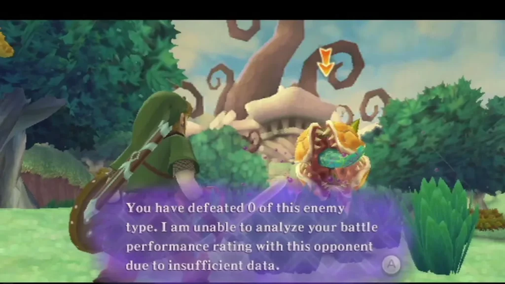 Link faces a Quadro Baba, and Fi's box reports she has no battle data because none have been defeated yet. Link faces a Quadro Baba, and Fi's box reports she has no battle data because none have been defeated yet.