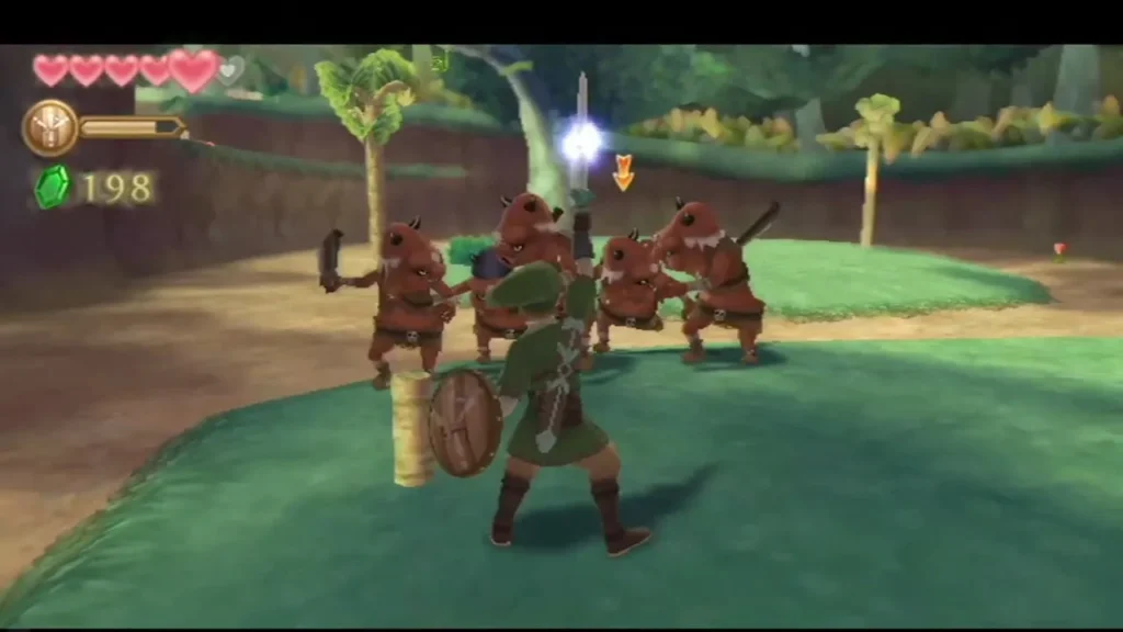 Link swings his sword at a group of red Bokoblins on a forest path near a tree. Link swings his sword at a group of red Bokoblins on a forest path near a tree.