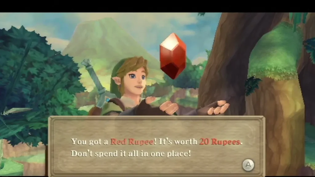 Link holds up a Red Rupee in the Deep Woods, and its box says it is worth 20 Rupees. Link holds up a Red Rupee in the Deep Woods, and its box says it is worth 20 Rupees.