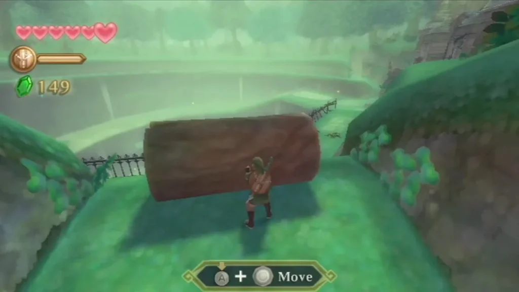 Link pushes a fallen log along the fenced path toward the edge of the Sealed Grounds. Link pushes a fallen log along the fenced path toward the edge of the Sealed Grounds.