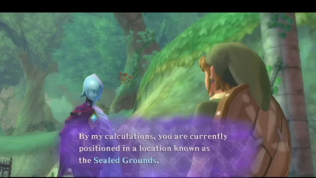 Fi tells Link that by her calculations he is in the Sealed Grounds, with Link standing among the forest trees. Fi tells Link that by her calculations he is in the Sealed Grounds, with Link standing among the forest trees.