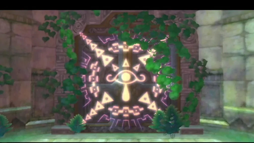 The carved Sealed Temple door glows with its eye-and-triangle seal, half hidden by ivy The carved Sealed Temple door glows with its eye-and-triangle seal, half hidden by ivy