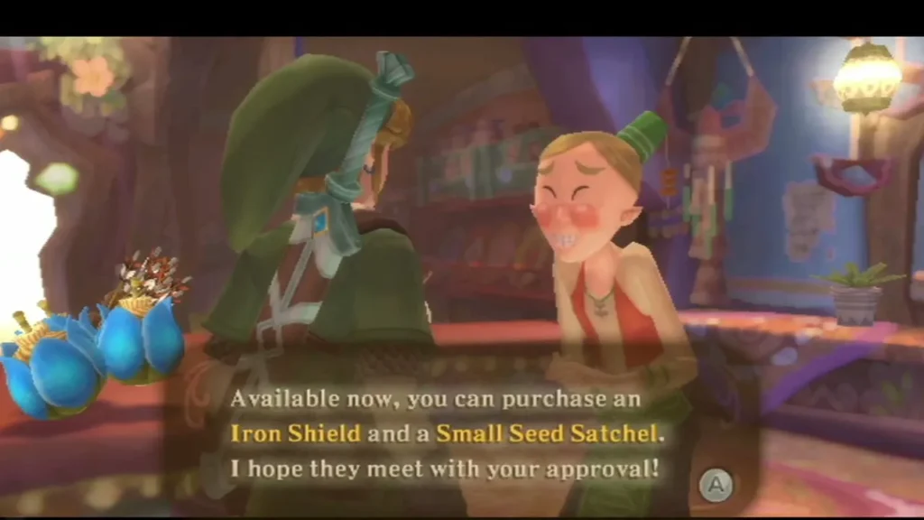 A Skyloft shopkeeper announces that an Iron Shield and a Small Seed Satchel are now available to purchase. A Skyloft shopkeeper announces that an Iron Shield and a Small Seed Satchel are now available to purchase.
