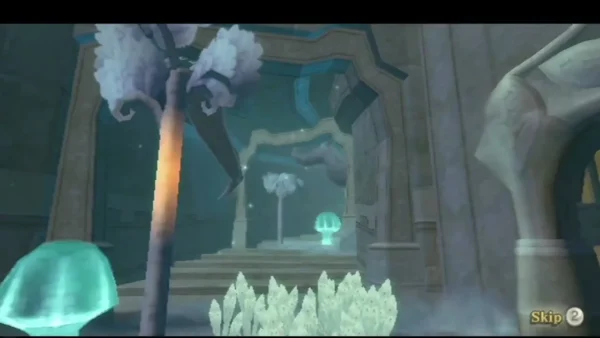The arched entrance to Skyview Temple stands open, with glowing mushrooms and white crystals on its steps The arched entrance to Skyview Temple stands open, with glowing mushrooms and white crystals on its steps