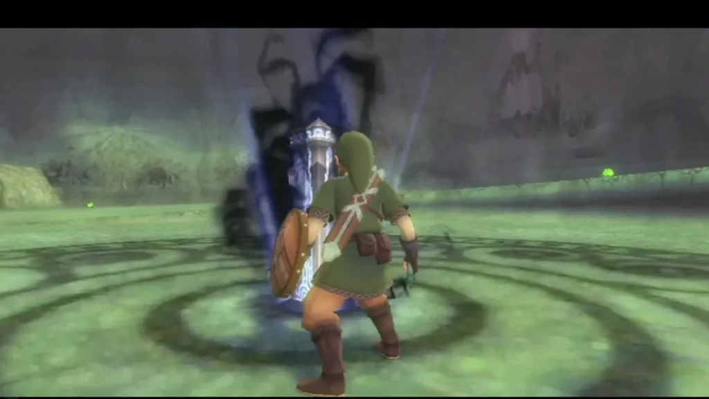 Link swings the Goddess Sword at the blue-glowing stone pillar at the centre of the Sealed Grounds circle Link swings the Goddess Sword at the blue-glowing stone pillar at the centre of the Sealed Grounds circle