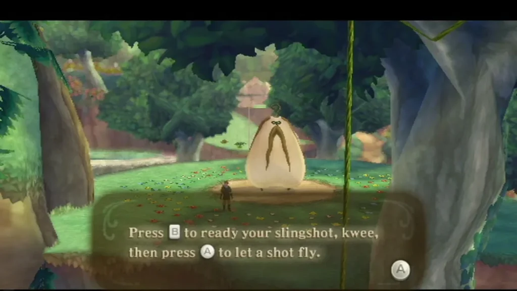 A text box says to press B to ready the slingshot and A to let a shot fly, with the Kikwi elder nearby A text box says to press B to ready the slingshot and A to let a shot fly, with the Kikwi elder nearby