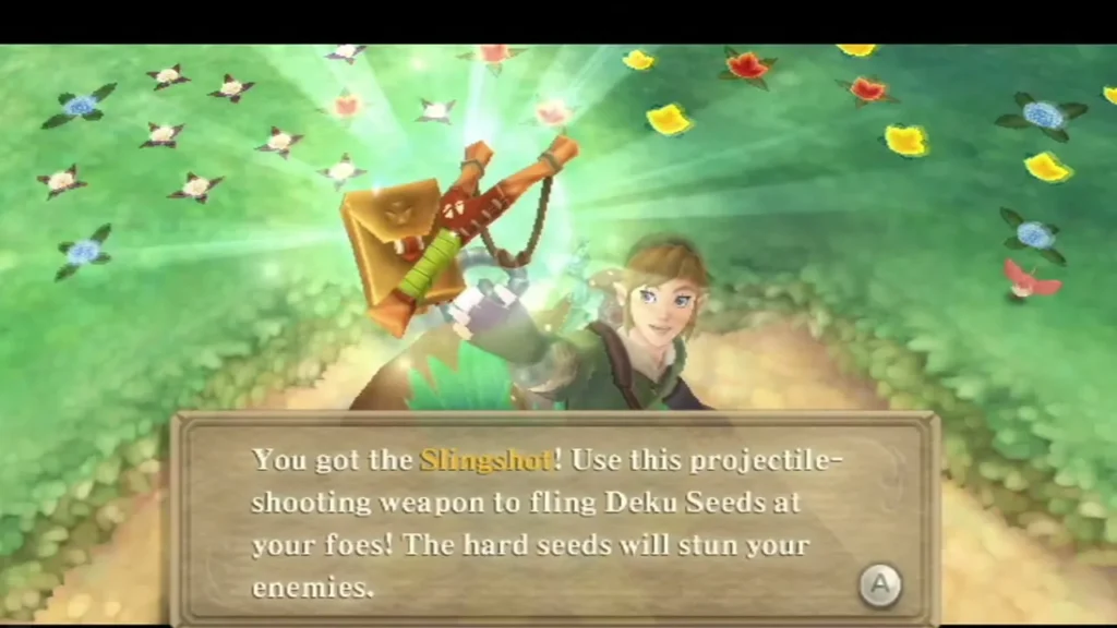 Link raises the Slingshot in a green glow, and the box says it flings Deku Seeds that stun enemies. Link raises the Slingshot in a green glow, and the box says it flings Deku Seeds that stun enemies.