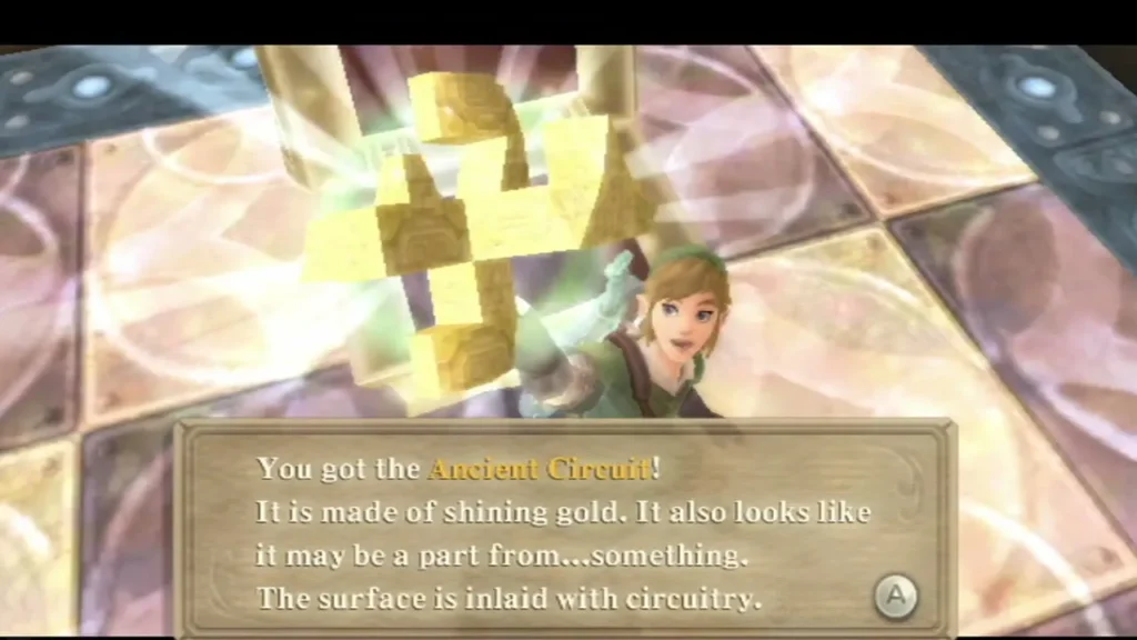 Link holds up the Ancient Circuit, a shining gold part, with its full item box shown. Link holds up the Ancient Circuit, a shining gold part, with its full item box shown.
