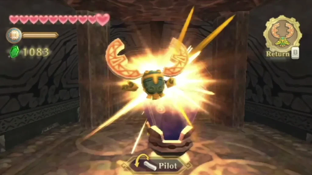 The Hook Beetle strikes a glowing stone pedestal in the ruin, lighting up with a golden flash. The Hook Beetle strikes a glowing stone pedestal in the ruin, lighting up with a golden flash.