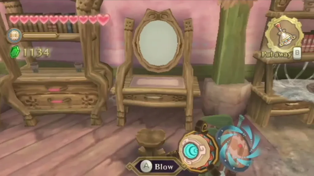 Link stands before a dressing mirror with a Blow prompt, the Gust Bellows ready Link stands before a dressing mirror with a Blow prompt, the Gust Bellows ready