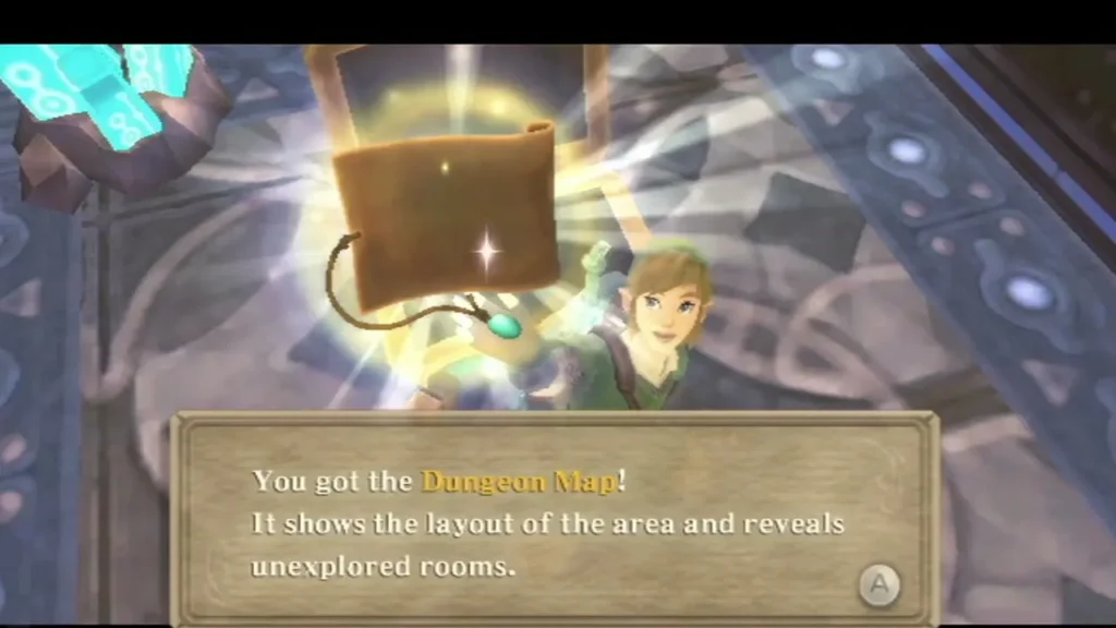 Link holds up the Dungeon Map, and its pickup box says it reveals the layout and unexplored rooms. Link holds up the Dungeon Map, and its pickup box says it reveals the layout and unexplored rooms.