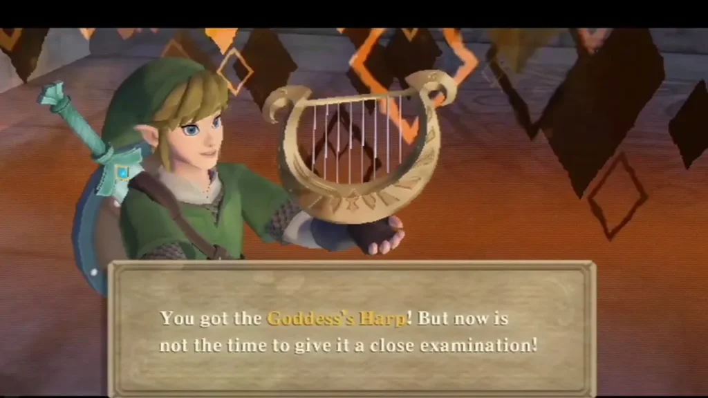 Link holds up the Goddess's Harp in its item box, which says he has no time to examine it. Link holds up the Goddess's Harp in its item box, which says he has no time to examine it.