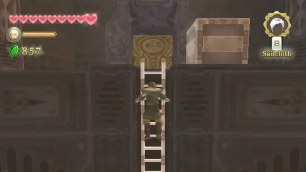 Link climbs a wooden ladder toward a large chest and a carved door at the top of the shaft. Link climbs a wooden ladder toward a large chest and a carved door at the top of the shaft.