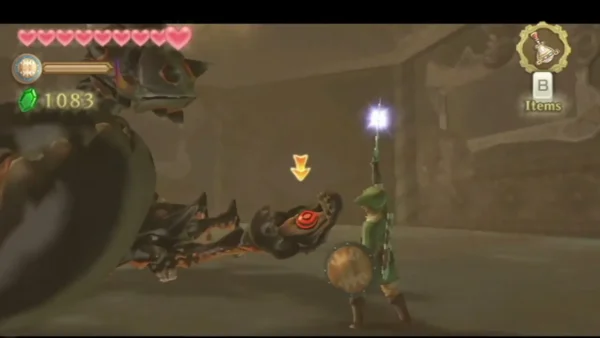 Moldarach's claw shows a glowing red eye while Link raises his sword nearby. Moldarach's claw shows a glowing red eye while Link raises his sword nearby.