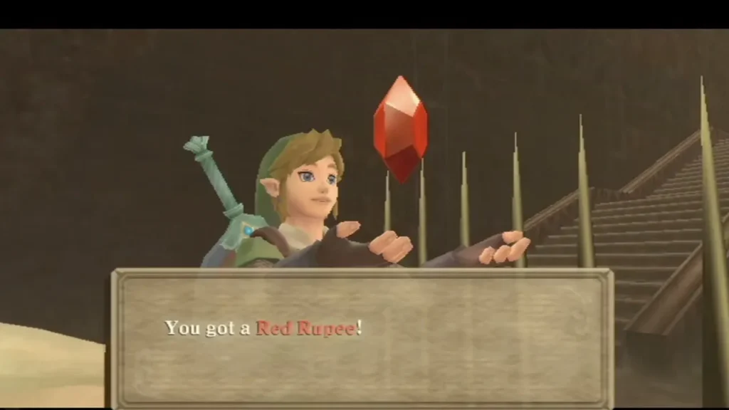 Link holds up a Red Rupee beside spikes and a staircase, with the pickup box reading You got a Red Rupee. Link holds up a Red Rupee beside spikes and a staircase, with the pickup box reading You got a Red Rupee.