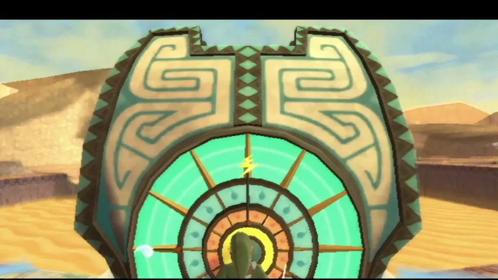 Link stands at the round green gate in the desert, its lightning-marked dial lit up in front of him. Link stands at the round green gate in the desert, its lightning-marked dial lit up in front of him.