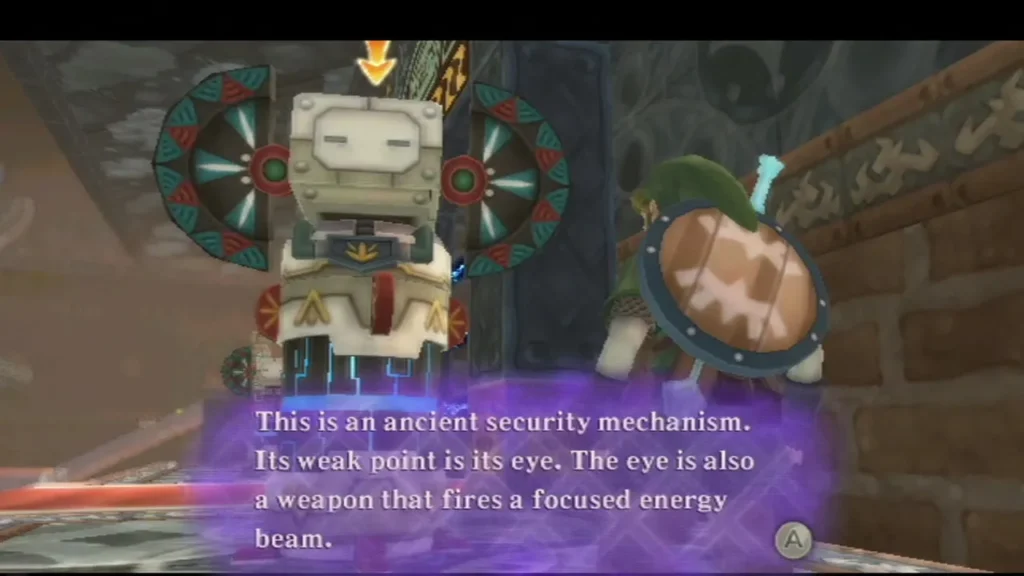 An ancient security mechanism with a single eye stands on a pedestal, its description box complete. An ancient security mechanism with a single eye stands on a pedestal, its description box complete.