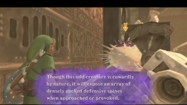 A spiky white creature beside Link, with its analysis box about the spines it shows when provoked. A spiky white creature beside Link, with its analysis box about the spines it shows when provoked.