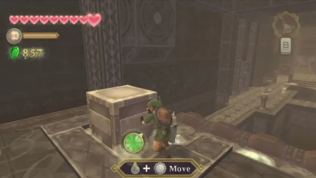 Link stands on a square platform and pushes a steel box, with the Move prompt on screen. Link stands on a square platform and pushes a steel box, with the Move prompt on screen.
