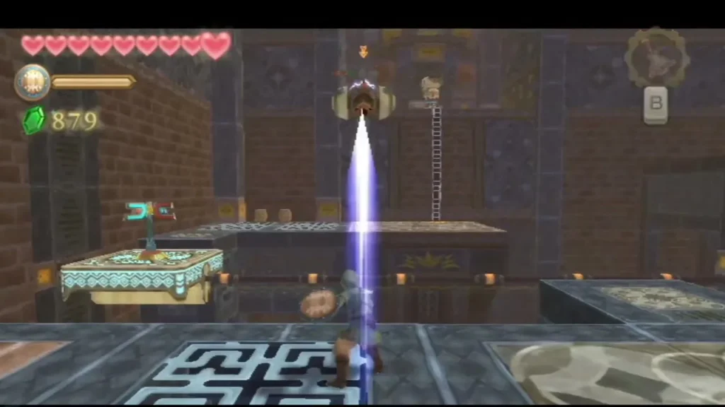 Link fires a beam from his sword up at a Sentrobot drone hovering over the glyph-floor hall. Link fires a beam from his sword up at a Sentrobot drone hovering over the glyph-floor hall.