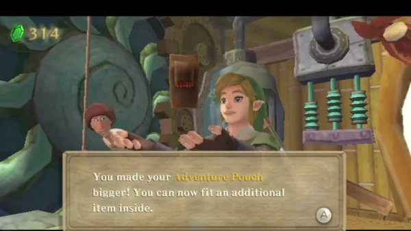 A box reads that the Adventure Pouch is bigger, as the enlarged pouch floats between Link and the shopkeeper. A box reads that the Adventure Pouch is bigger, as the enlarged pouch floats between Link and the shopkeeper.