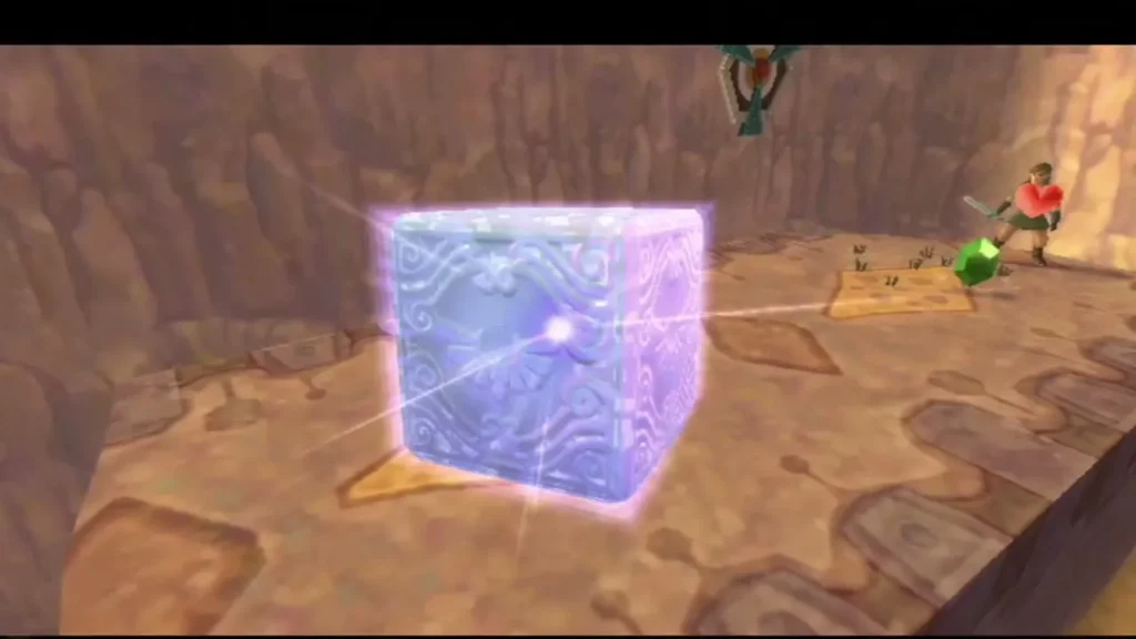 A Goddess Cube glows on a canyon ledge in the Lanayru Desert after Link's sword strike. A Goddess Cube glows on a canyon ledge in the Lanayru Desert after Link's sword strike.