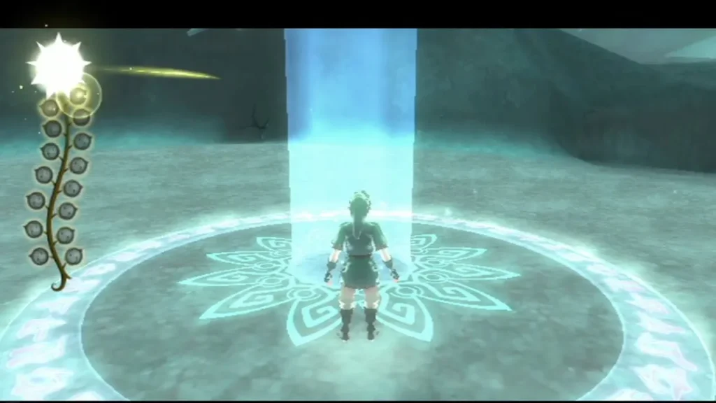 Link stands in the blue exit beam on a glyph pad in the Silent Realm. Link stands in the blue exit beam on a glyph pad in the Silent Realm.